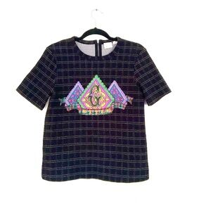 9-HI5 St CL ANTRHOPOLOGIE DIY Shortsleeve Vintage Applique Top Sz S